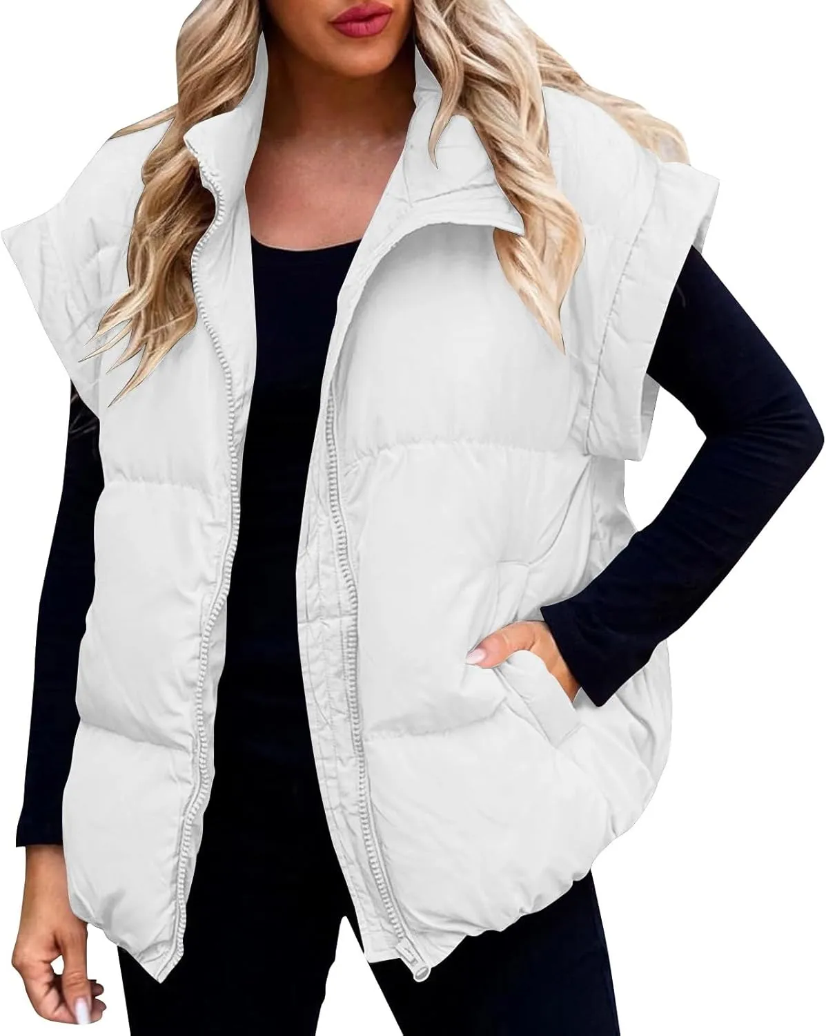 Vests For Women 2024 Trendy Fall Crop Puffer Vests Outerwear Plus Size Cap Sleeve Quilted Jacket Winter Coats