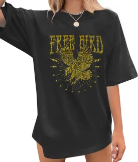 Vintage Rock Band Oversized Shirts: Women Retro Eagle Graphic Shirt Rock Music Concert Tee Casual Short Sleeve Top