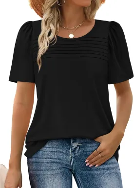 WIHOLL Womens Summer Tops Short Puff Sleeve Shirts 2025 Pleated Neck Outfits Clothing Blouses