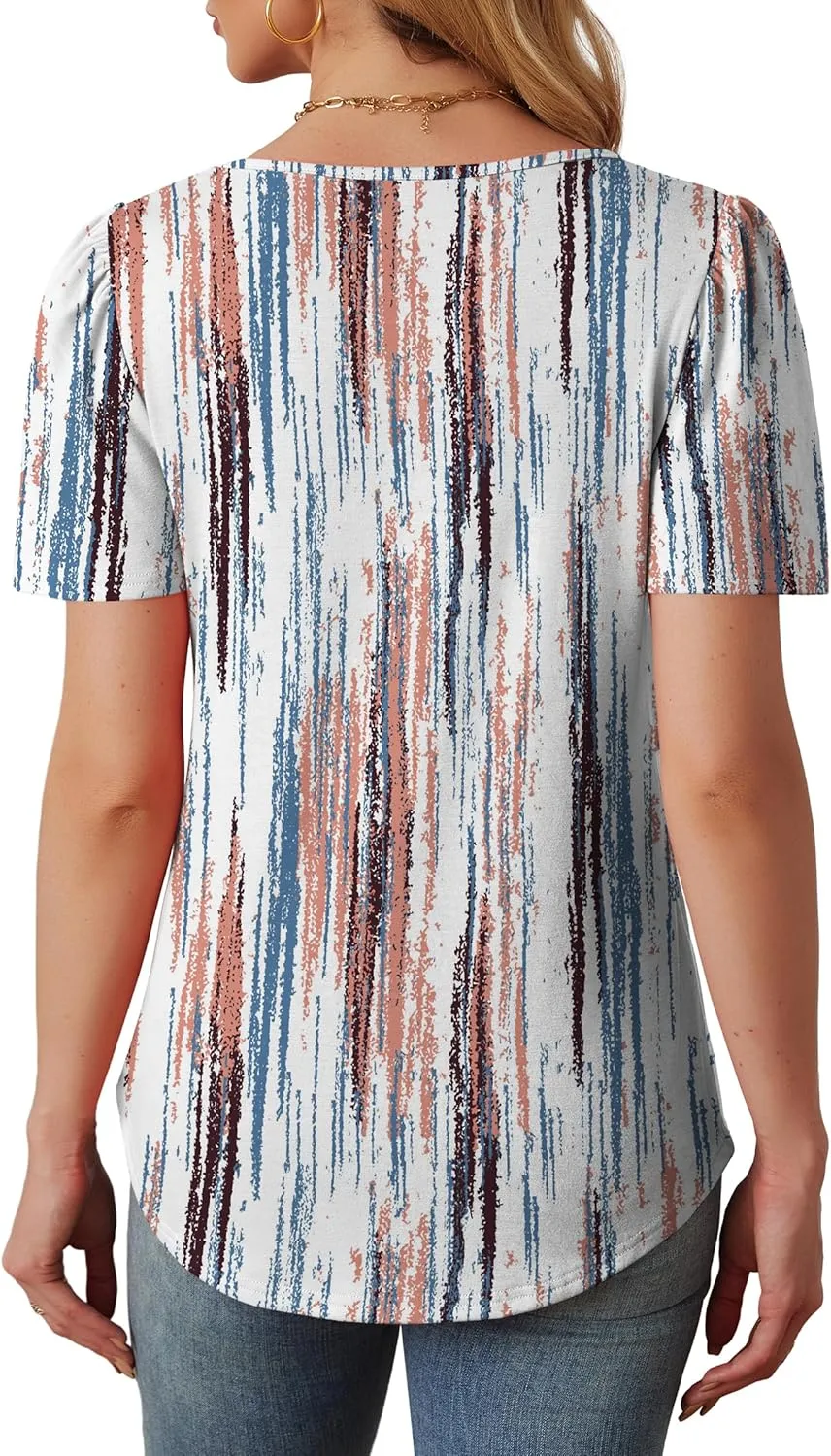 WIHOLL Womens Summer Tops Short Puff Sleeve Shirts 2025 Pleated Neck Outfits Clothing Blouses