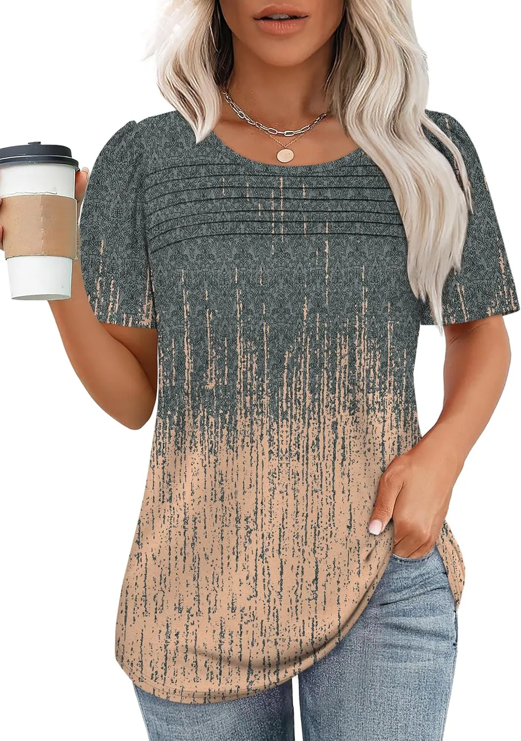 WIHOLL Womens Summer Tops Short Puff Sleeve Shirts 2025 Pleated Neck Outfits Clothing Blouses