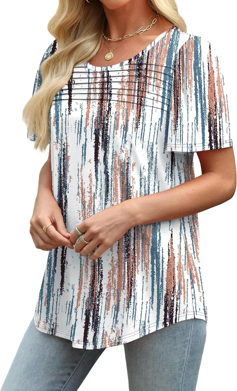 WIHOLL Womens Summer Tops Short Puff Sleeve Shirts 2025 Pleated Neck Outfits Clothing Blouses
