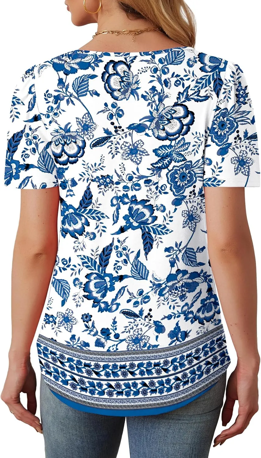 WIHOLL Womens Summer Tops Short Puff Sleeve Shirts 2025 Pleated Neck Outfits Clothing Blouses