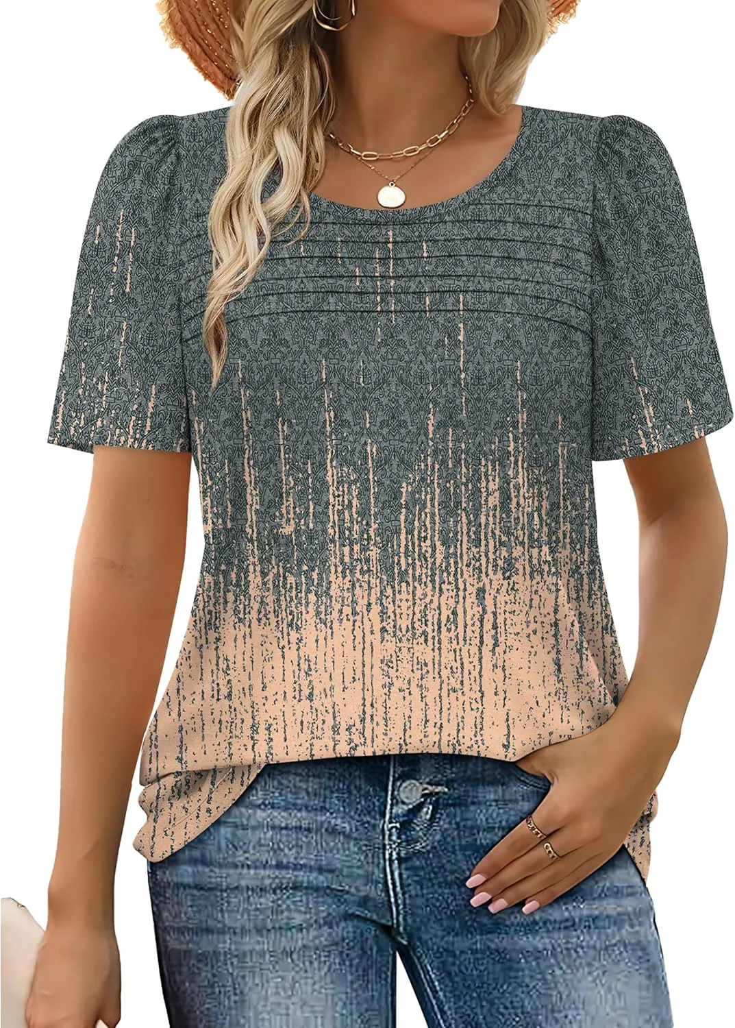 WIHOLL Womens Summer Tops Short Puff Sleeve Shirts 2025 Pleated Neck Outfits Clothing Blouses