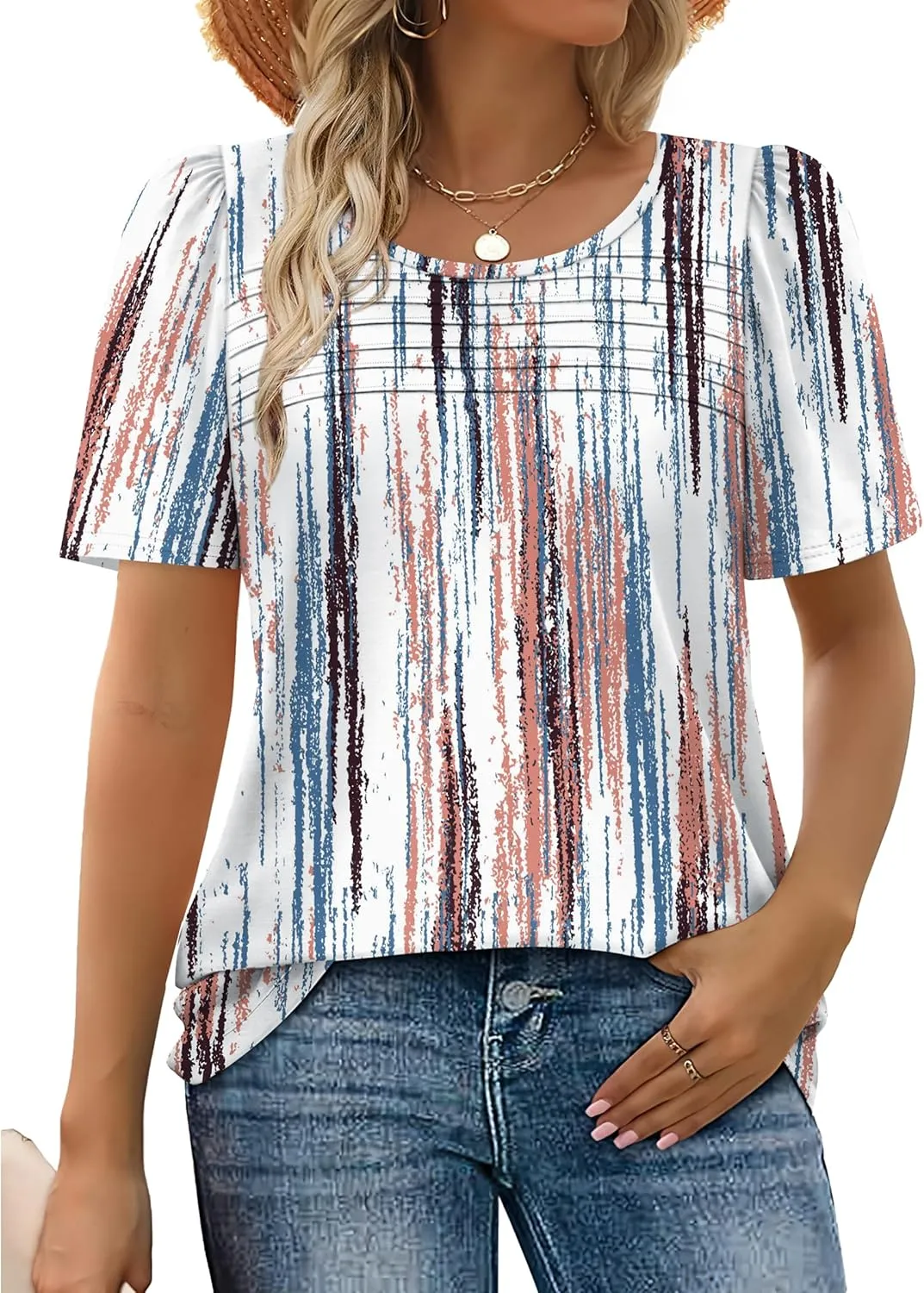 WIHOLL Womens Summer Tops Short Puff Sleeve Shirts 2025 Pleated Neck Outfits Clothing Blouses