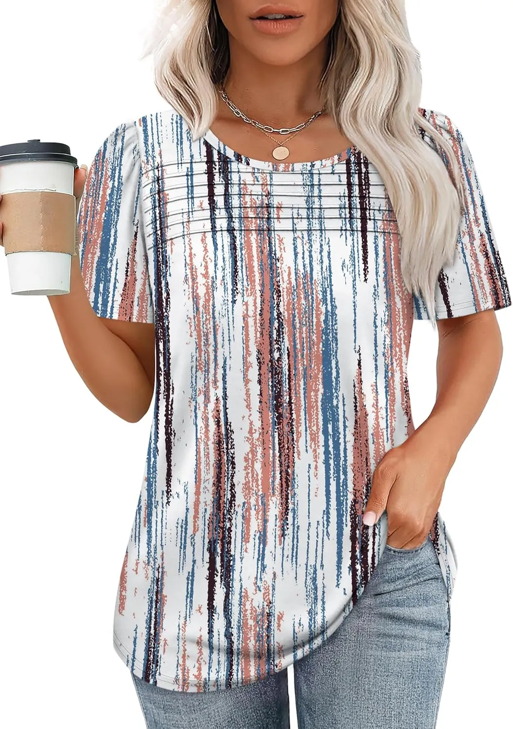 WIHOLL Womens Summer Tops Short Puff Sleeve Shirts 2025 Pleated Neck Outfits Clothing Blouses