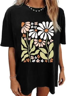 Wildflowers Shirt for Women Oversized Boho Wildflowers Tshirt Vintage Floral Graphic Tees Summer Flower Tops