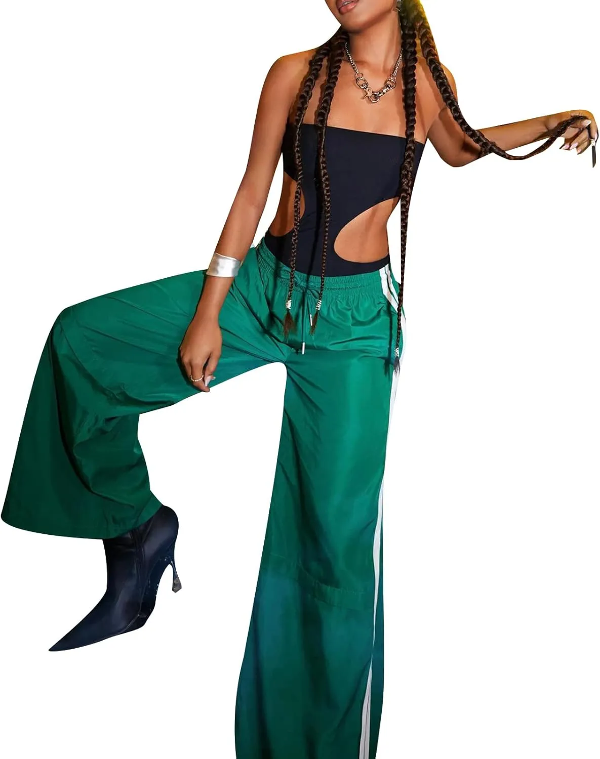 Women Side Striped Track Pants Y2k Drawstring Waist Wide Leg Cargo Sweatpants Casual Loose Jogger Lounge Pants