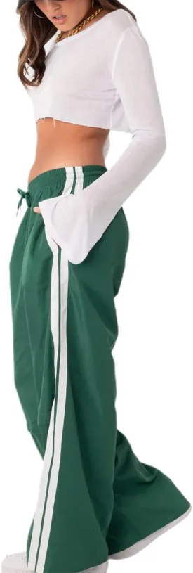 Women Side Striped Track Pants Y2k Drawstring Waist Wide Leg Cargo Sweatpants Casual Loose Jogger Lounge Pants
