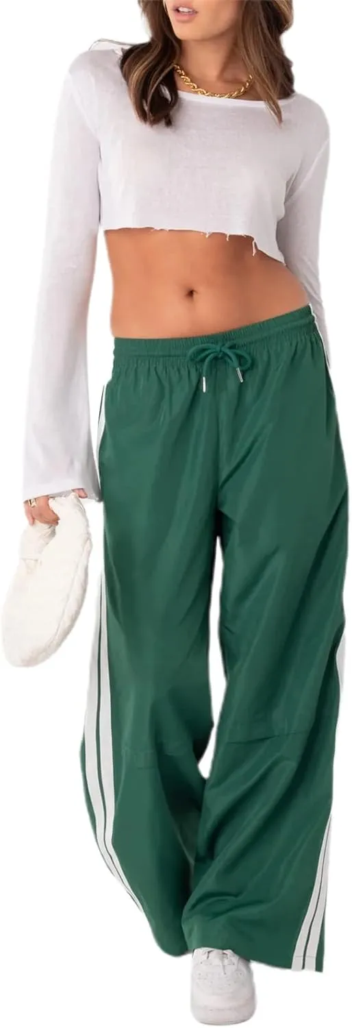 Women Side Striped Track Pants Y2k Drawstring Waist Wide Leg Cargo Sweatpants Casual Loose Jogger Lounge Pants