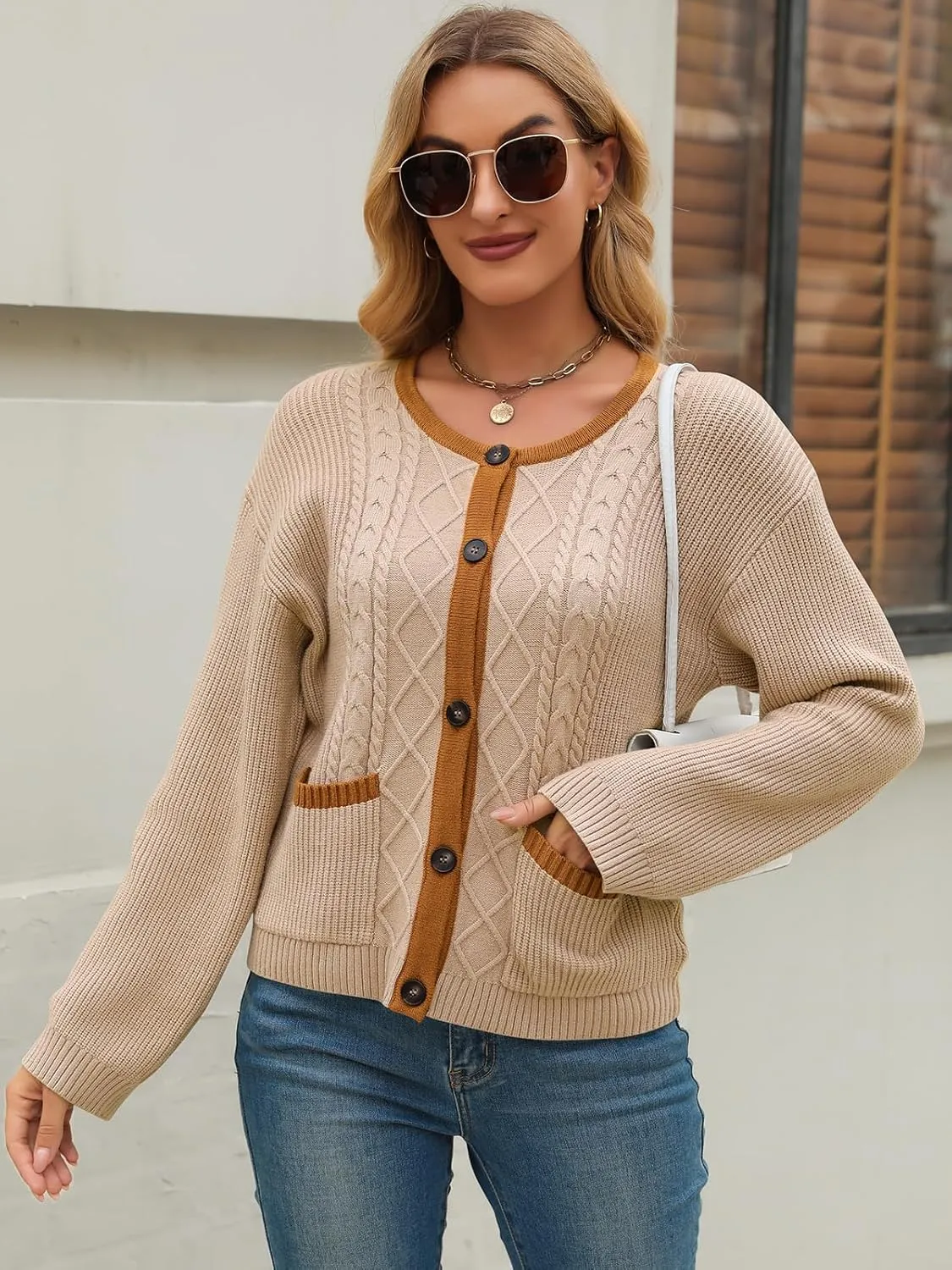 Women's 2024 Long Sleeve Knit Oversized Cardigan Crewneck Open Front Button Sweater Outerwear with Pockets
