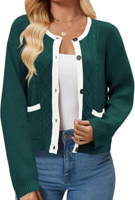 Women's 2024 Long Sleeve Knit Oversized Cardigan Crewneck Open Front Button Sweater Outerwear with Pockets