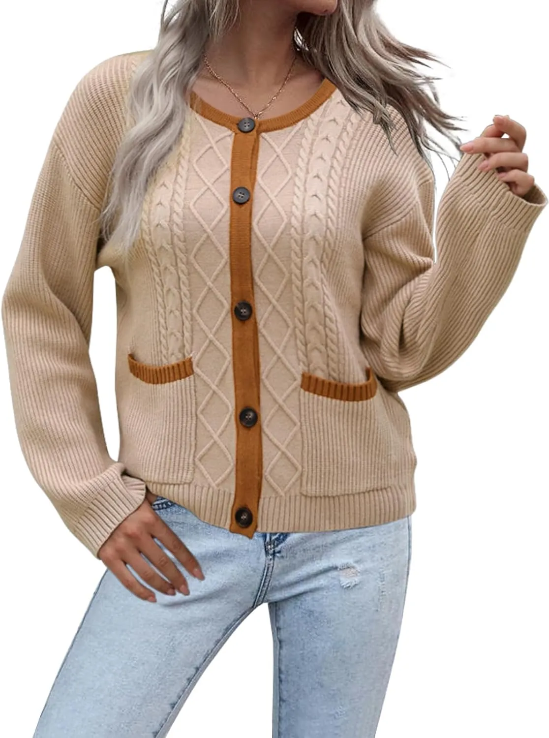 Women's 2024 Long Sleeve Knit Oversized Cardigan Crewneck Open Front Button Sweater Outerwear with Pockets