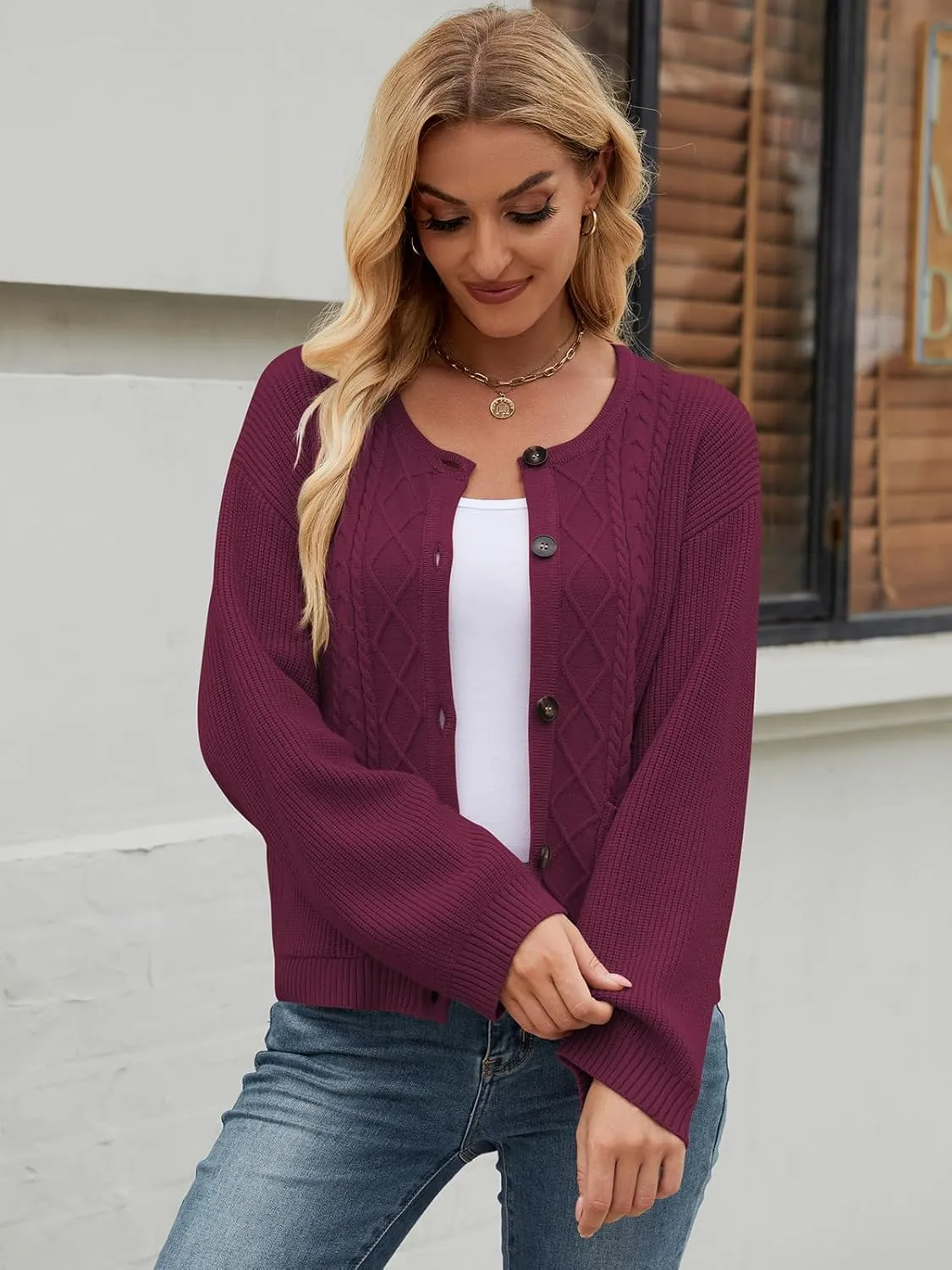 Women's 2024 Long Sleeve Knit Oversized Cardigan Crewneck Open Front Button Sweater Outerwear with Pockets