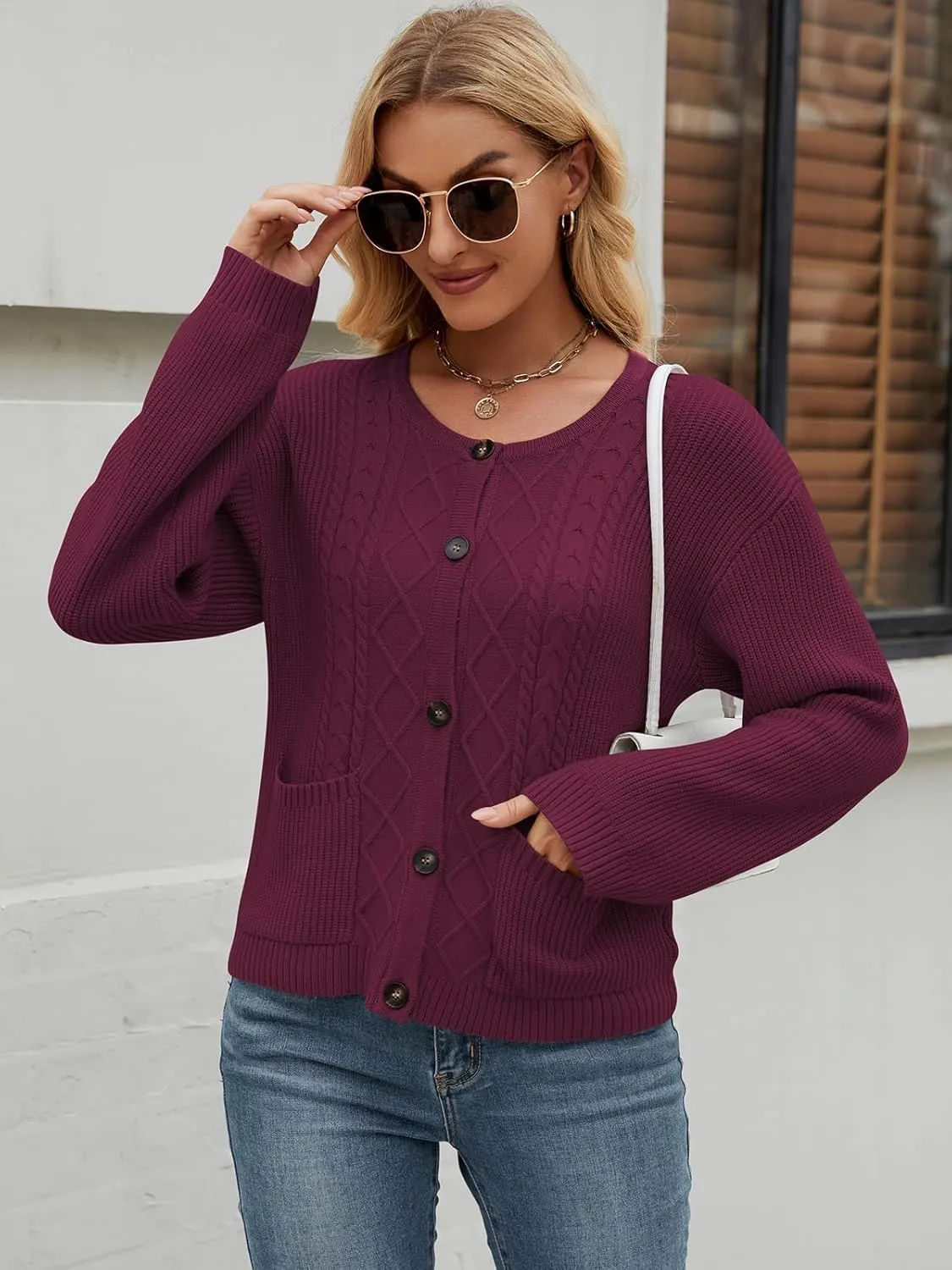 Women's 2024 Long Sleeve Knit Oversized Cardigan Crewneck Open Front Button Sweater Outerwear with Pockets