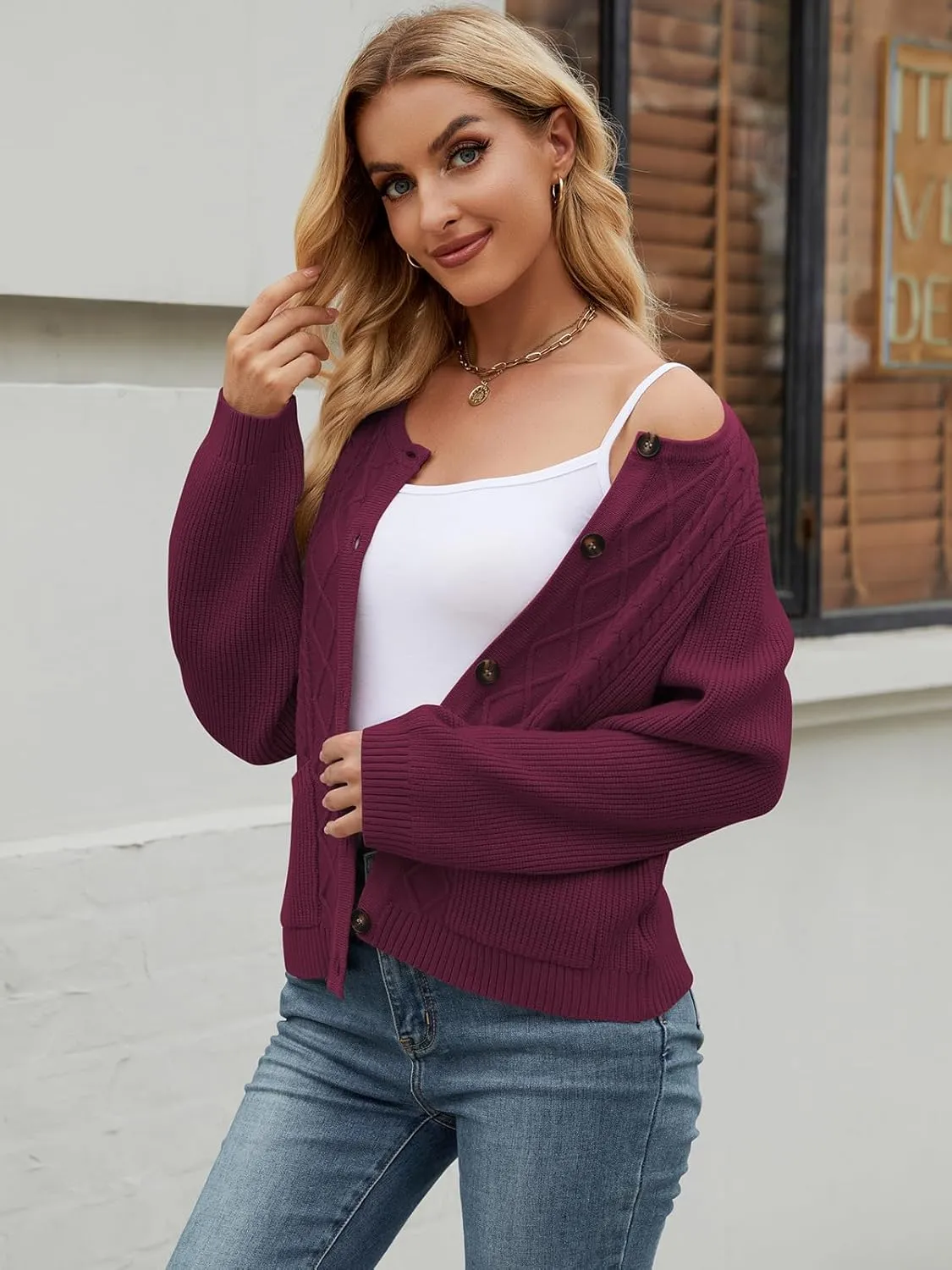 Women's 2024 Long Sleeve Knit Oversized Cardigan Crewneck Open Front Button Sweater Outerwear with Pockets