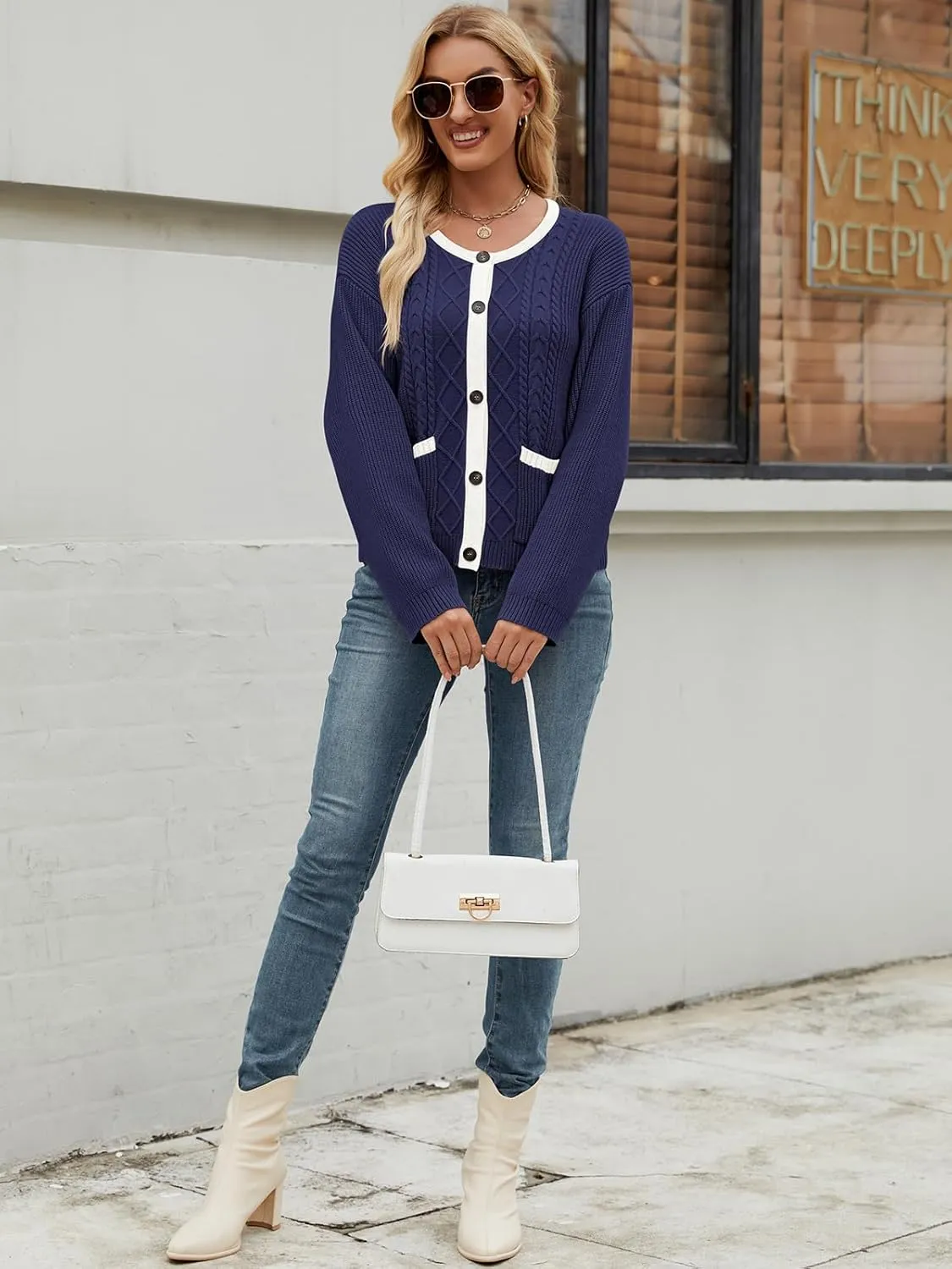 Women's 2024 Long Sleeve Knit Oversized Cardigan Crewneck Open Front Button Sweater Outerwear with Pockets