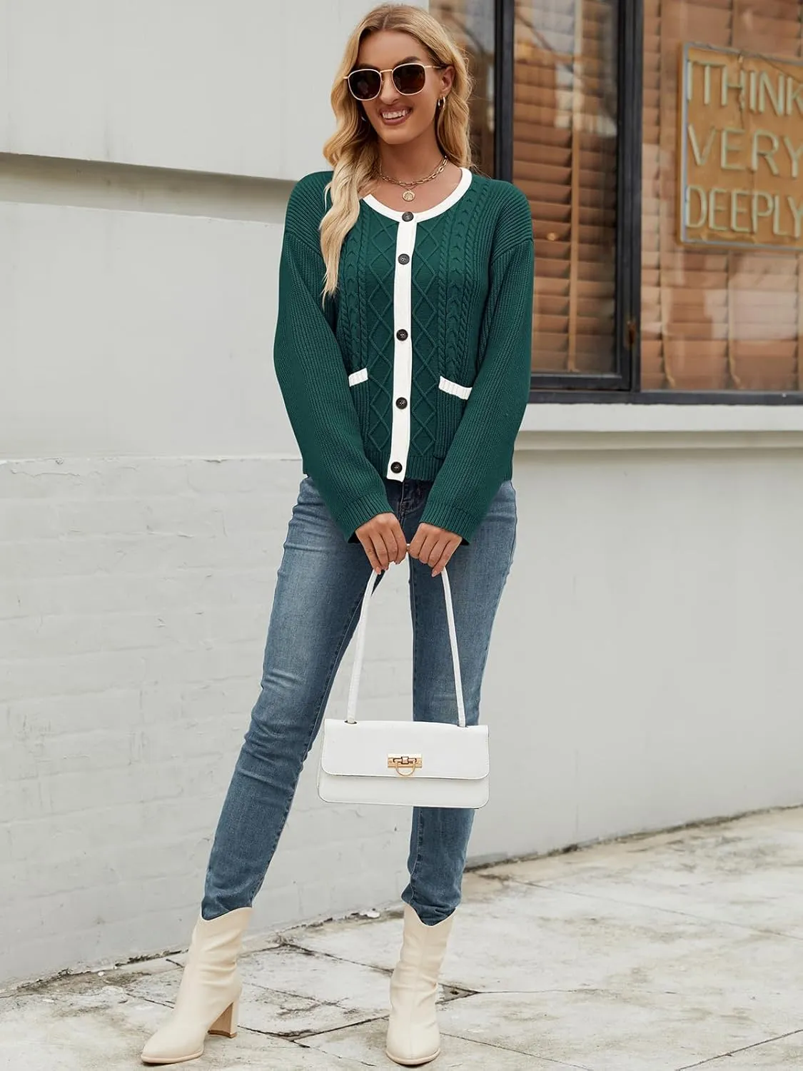 Women's 2024 Long Sleeve Knit Oversized Cardigan Crewneck Open Front Button Sweater Outerwear with Pockets
