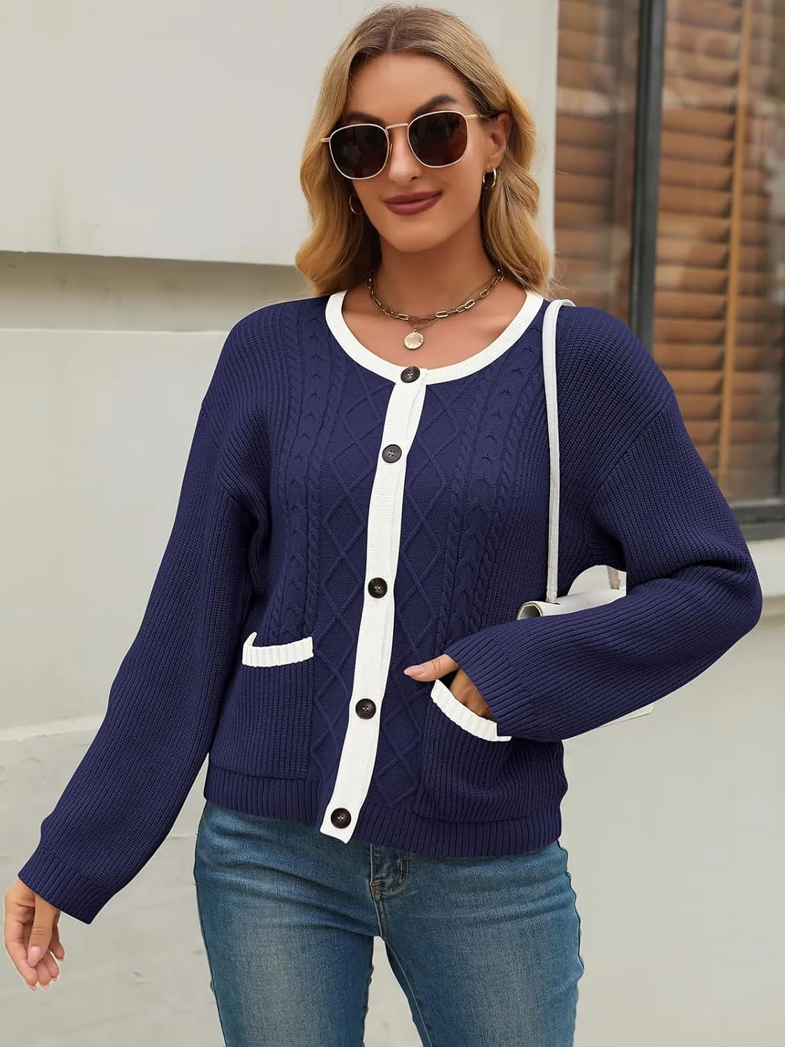 Women's 2024 Long Sleeve Knit Oversized Cardigan Crewneck Open Front Button Sweater Outerwear with Pockets