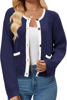 Women's 2024 Long Sleeve Knit Oversized Cardigan Crewneck Open Front Button Sweater Outerwear with Pockets