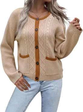 Women's 2024 Long Sleeve Knit Oversized Cardigan Crewneck Open Front Button Sweater Outerwear with Pockets