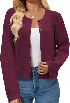 Women's 2024 Long Sleeve Knit Oversized Cardigan Crewneck Open Front Button Sweater Outerwear with Pockets