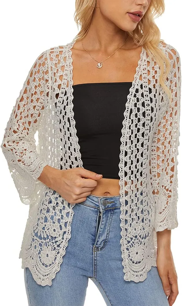 Womens Boho Open Front Cardigan Long Sleeve Loose Knit Lightweight Sweaters