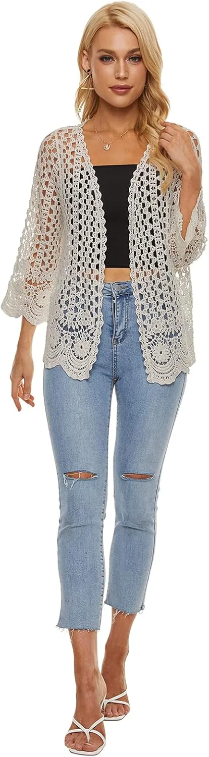 Womens Boho Open Front Cardigan Long Sleeve Loose Knit Lightweight Sweaters
