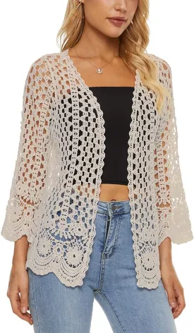 Womens Boho Open Front Cardigan Long Sleeve Loose Knit Lightweight Sweaters