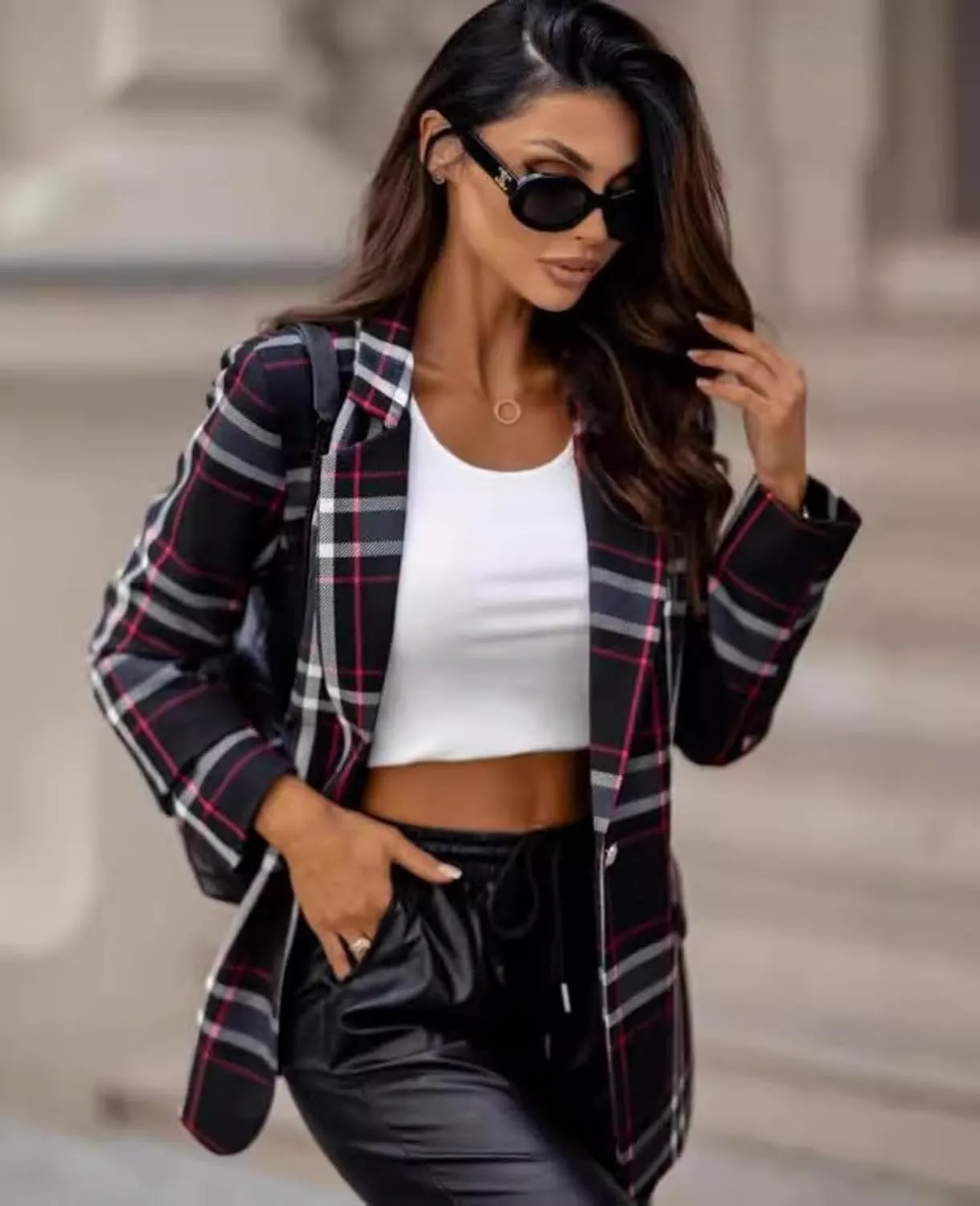 Womens Casual Blazer Plaid Jacket Long Sleeve Open Front Work Office Blazer Lapel Button Jacket