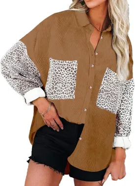 Womens Contrast Leopard Denim Jacket Long Sleeve Button Down Shirts Boyfriend Oversized Blouses Tops