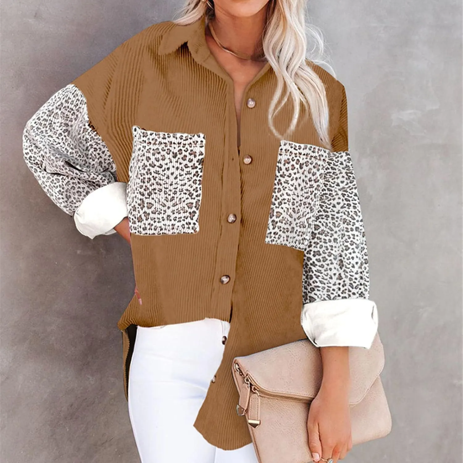 Womens Contrast Leopard Denim Jacket Long Sleeve Button Down Shirts Boyfriend Oversized Blouses Tops