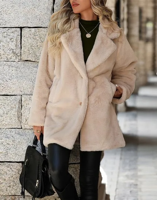 Women's Faux Fur Long Coat Button Down Lapel Fleece Sherpa Jacket
