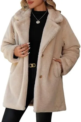 Women's Faux Fur Long Coat Button Down Lapel Fleece Sherpa Jacket