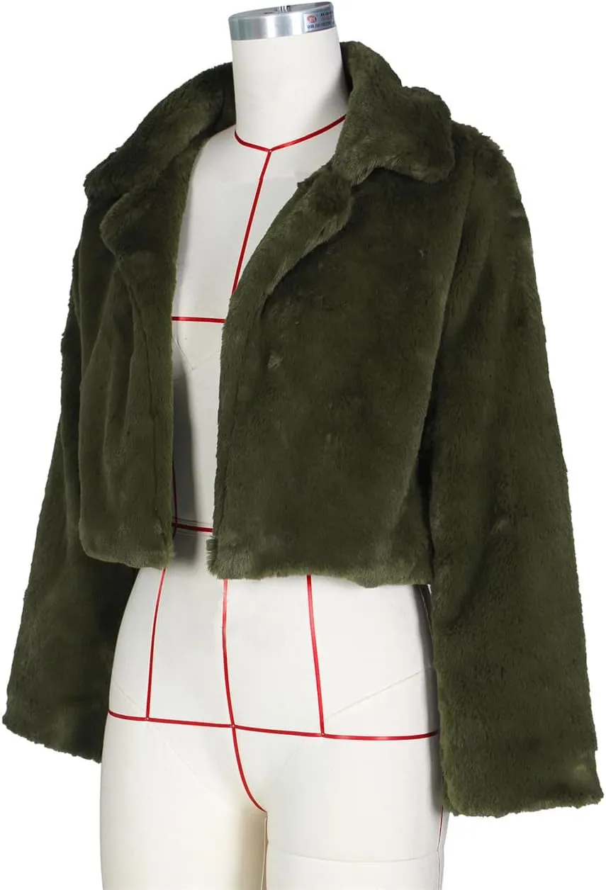 Women's Fluffy Faux Fur Outerwear Lapel Open Front Cropped Coats