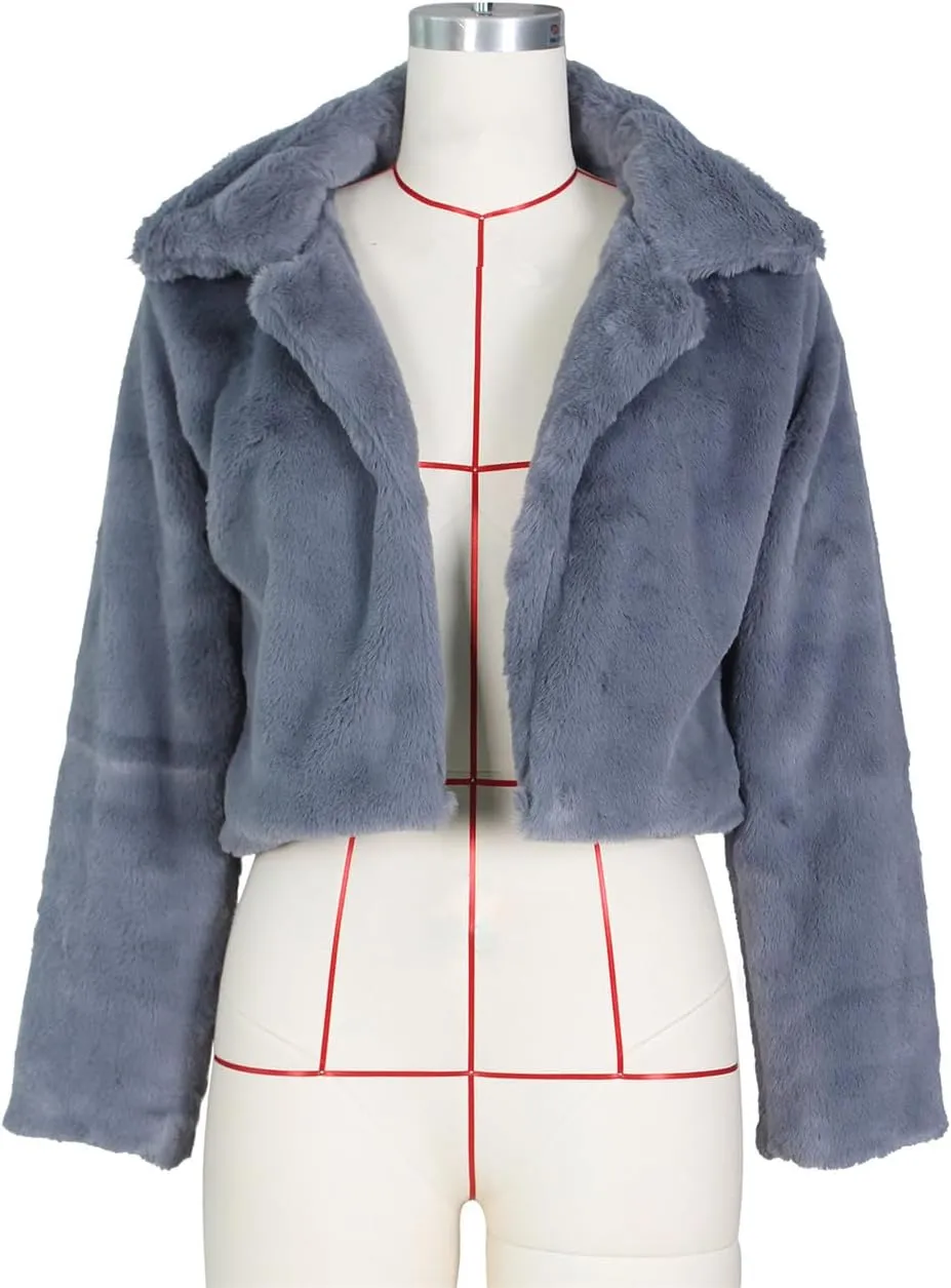 Women's Fluffy Faux Fur Outerwear Lapel Open Front Cropped Coats