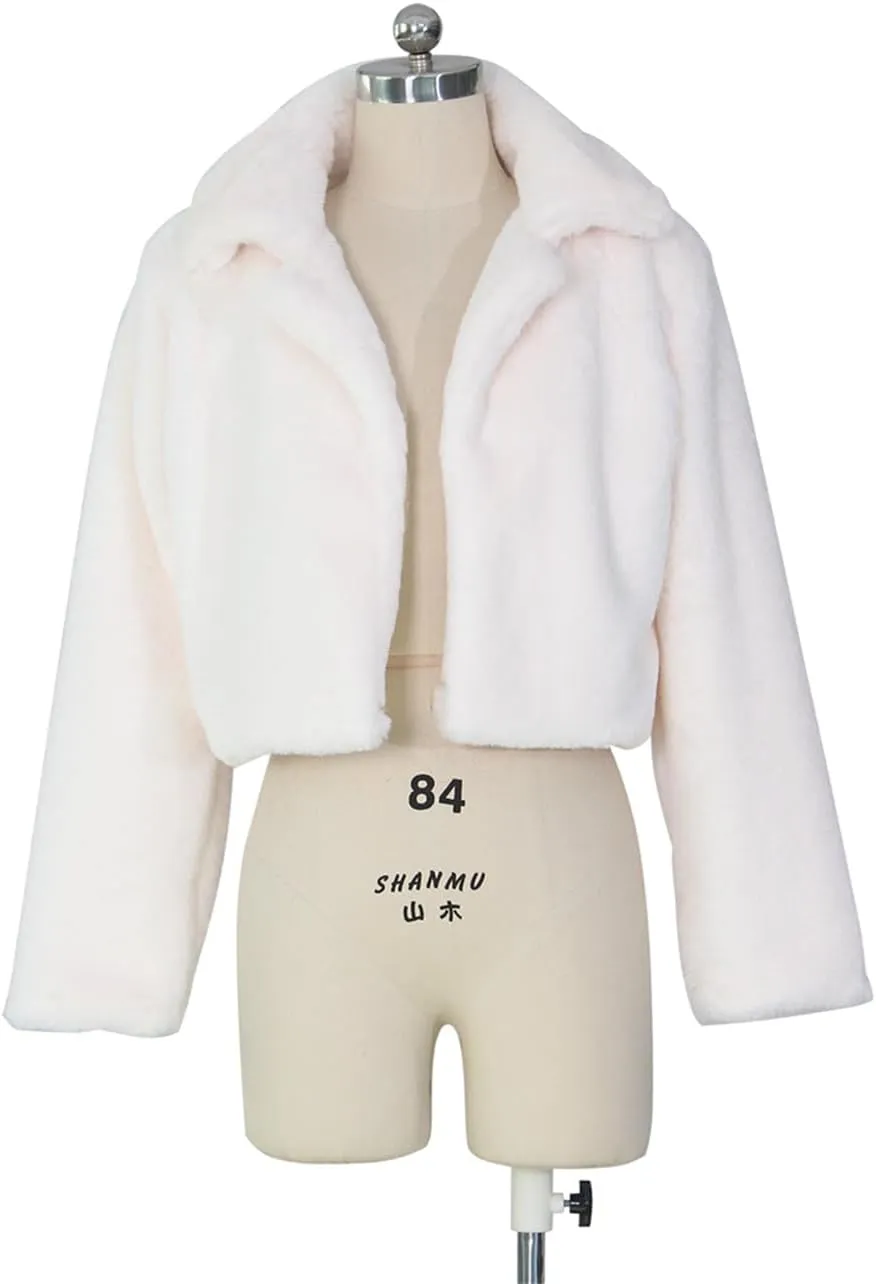 Women's Fluffy Faux Fur Outerwear Lapel Open Front Cropped Coats