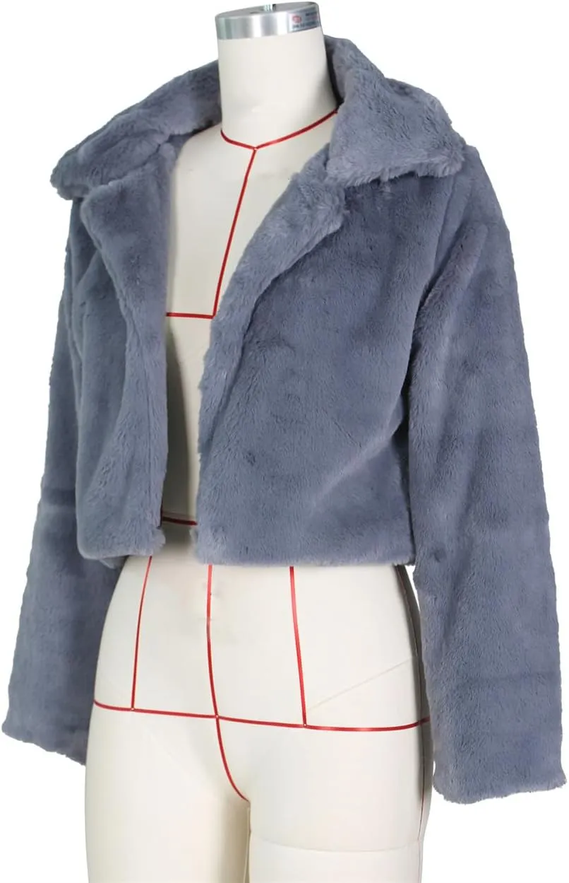 Women's Fluffy Faux Fur Outerwear Lapel Open Front Cropped Coats