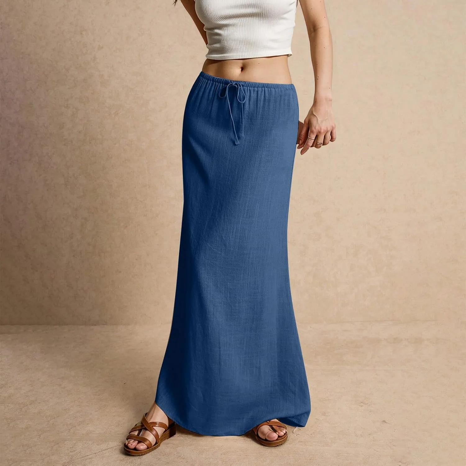Womens Linen Maxi Skirts Summer Elastic Waist Drawstring A Line Long Flared Skirts Vacation Boho Flowy Skirt