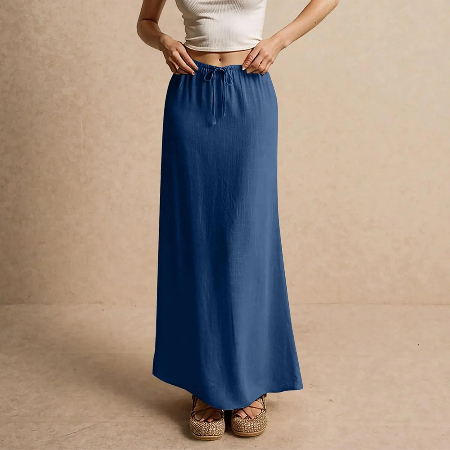Womens Linen Maxi Skirts Summer Elastic Waist Drawstring A Line Long Flared Skirts Vacation Boho Flowy Skirt