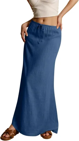Womens Linen Maxi Skirts Summer Elastic Waist Drawstring A Line Long Flared Skirts Vacation Boho Flowy Skirt