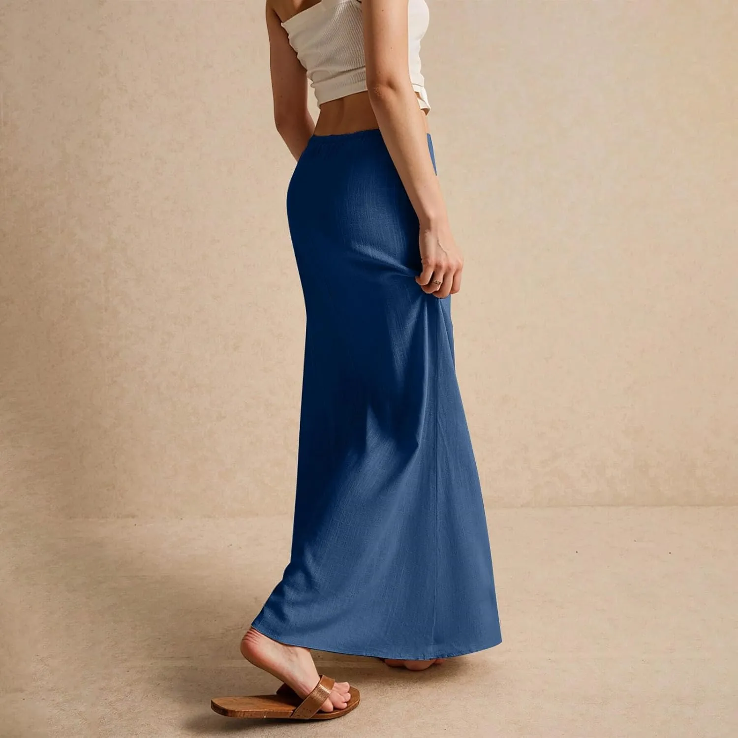 Womens Linen Maxi Skirts Summer Elastic Waist Drawstring A Line Long Flared Skirts Vacation Boho Flowy Skirt