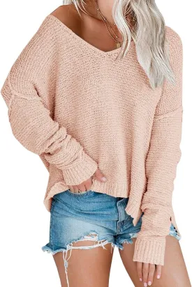 Womens Off Shoulder Knit Sweaters Oversized V Neck Long Sleeve Loose Lightweight Pullover Tops