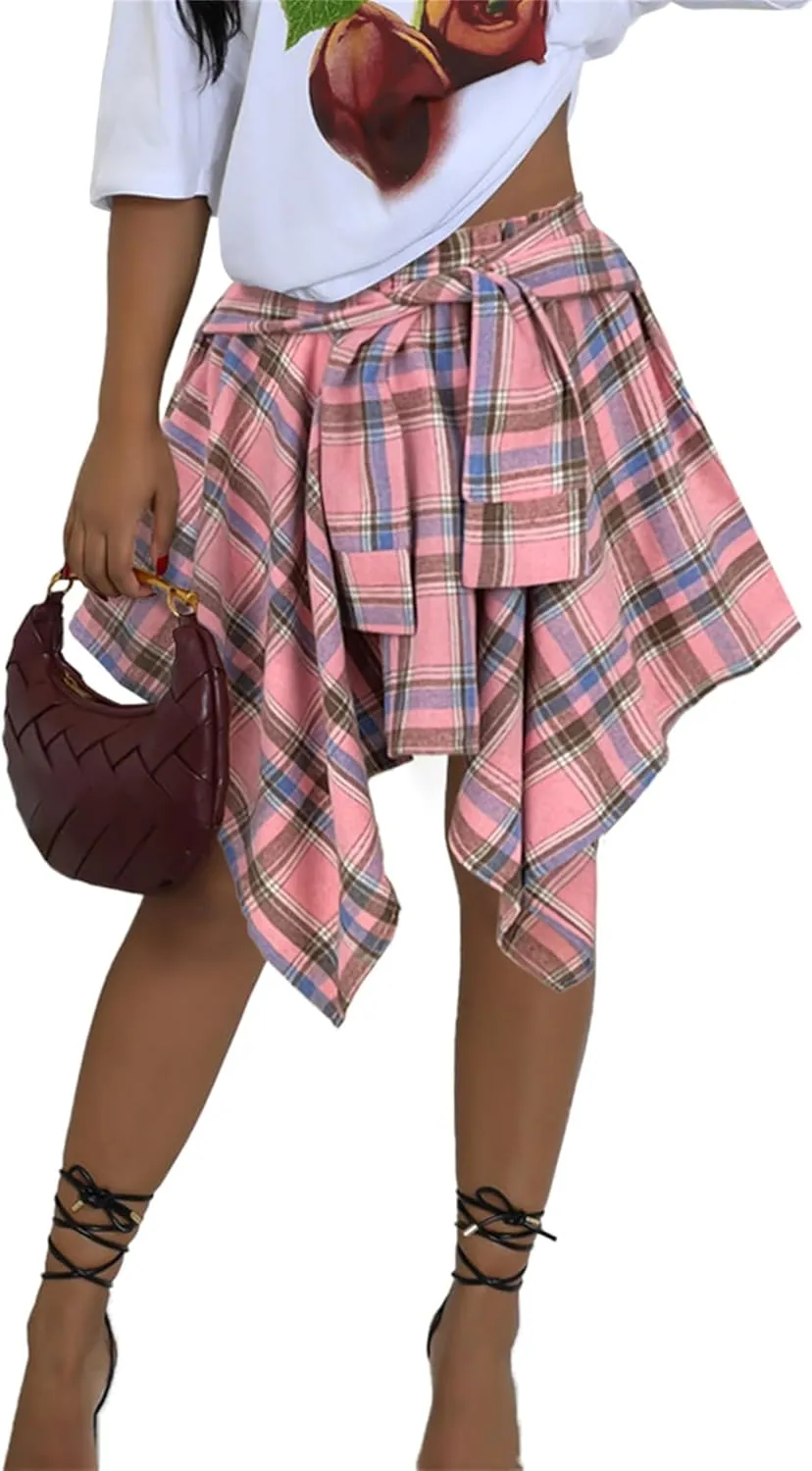 Women's Plaid Skirts High Waisted Knot Front Asymmetrical Hem Mini Skater Skirt