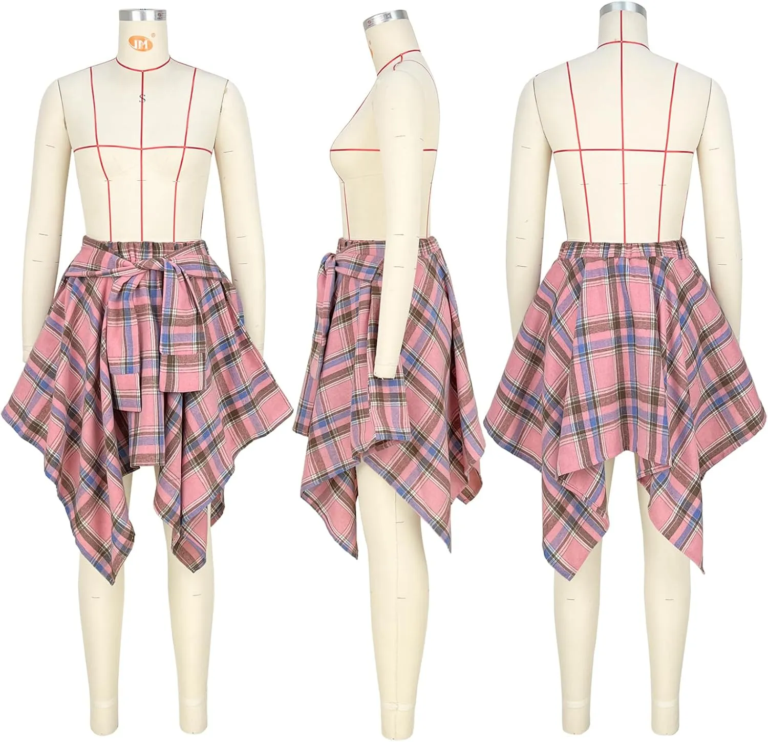 Women's Plaid Skirts High Waisted Knot Front Asymmetrical Hem Mini Skater Skirt