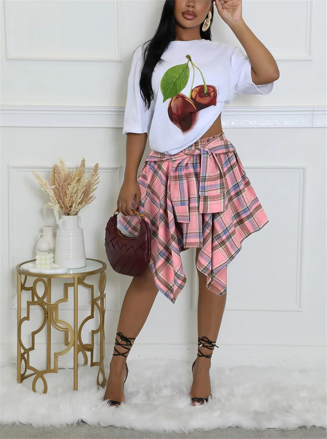 Women's Plaid Skirts High Waisted Knot Front Asymmetrical Hem Mini Skater Skirt
