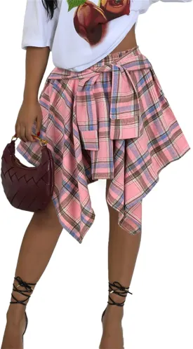 Women's Plaid Skirts High Waisted Knot Front Asymmetrical Hem Mini Skater Skirt