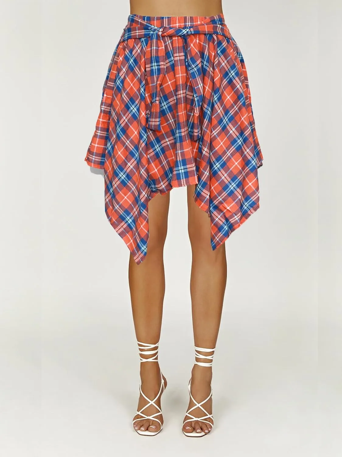 Women's Plaid Skorts Skirts - High Waisted Tie Front Pleated Summer Asymmetrical Skirt with Shorts