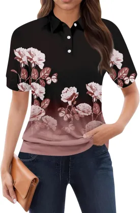 Womens Short Sleeve Tops Spring Button Down Polo Neck Shirts Lightweight Blouses Floral Print Outfits