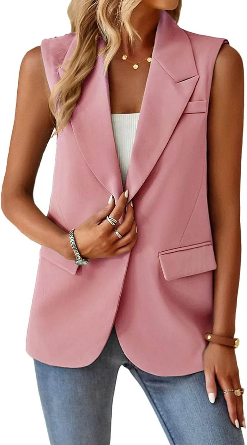 Womens Sleeveless Vest V-Neck Fashion Dressy Casual Open Front Trench Coat Jacket Cardigan Vests with Pockets